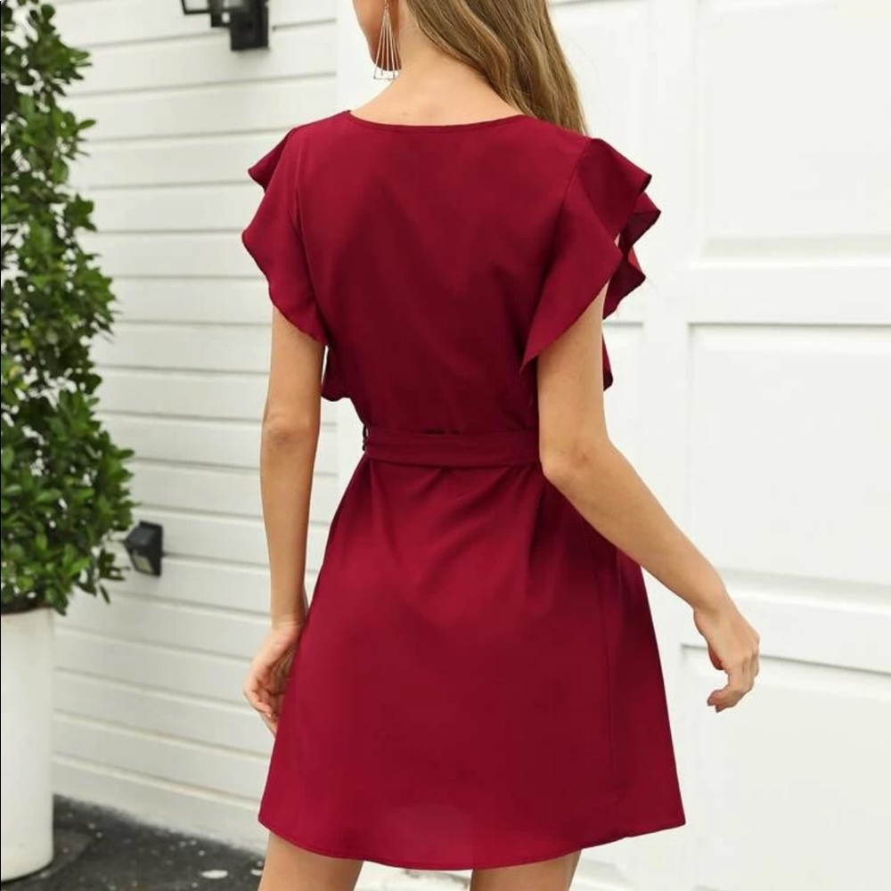 Ruffle frill belted short sleeve dress w/ pockets - Picture 3 of 9